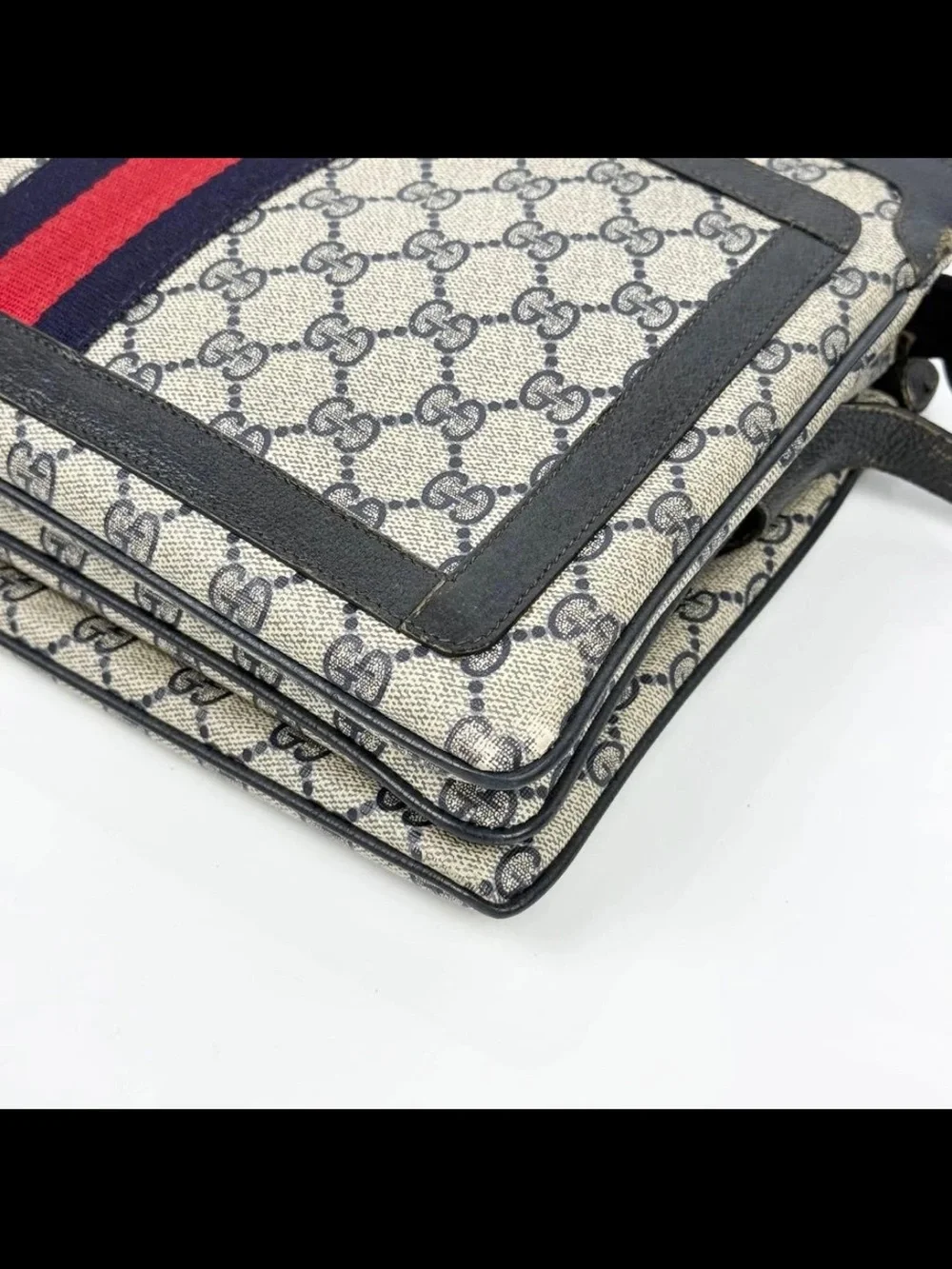 Gucci Beige GG Canvas Crossbody with Navy & Red Stripe